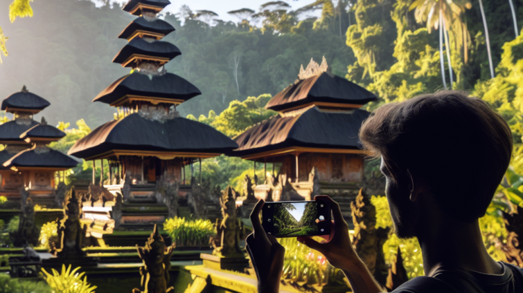 "Memotret keindahan Ubud Palace menggunakan kamera Oppo Find X8 dengan fokus pada arsitektur dan lanskap tropis yang memukau di Bali."