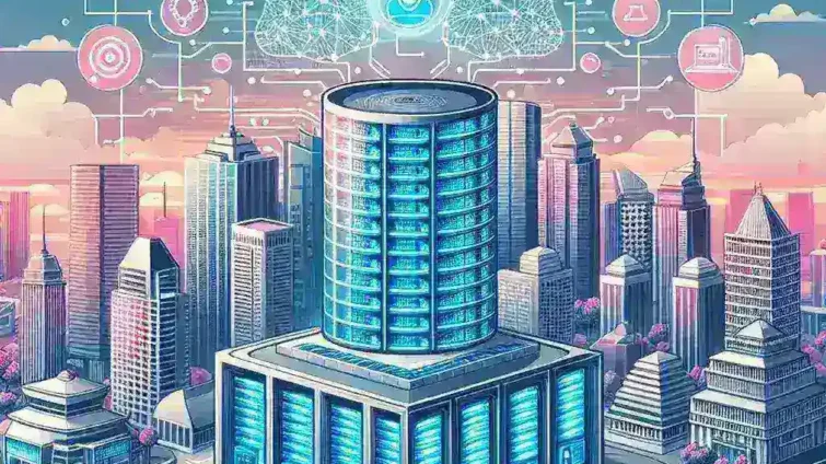 "Infografis menunjukkan rencana investasi Indonesia untuk membangun pusat data yang lebih besar guna mendukung lonjakan permintaan AI, dengan visual grafik pertumbuhan dan infrastruktur teknologi."