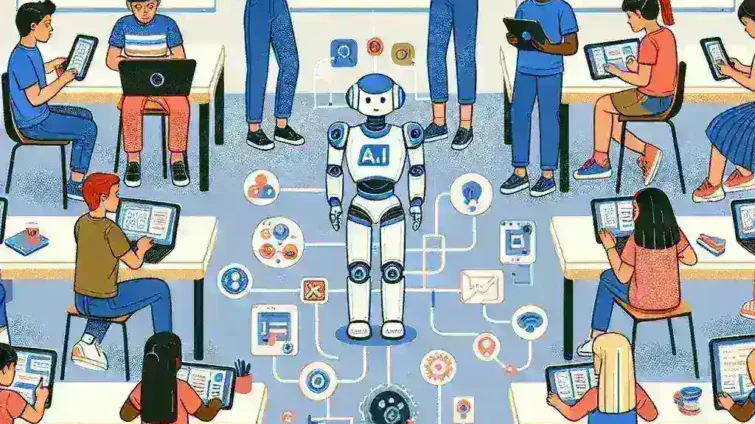 "Ilustrasi platform pembelajaran adaptif berbasis AI yang mendukung pendidikan dasar, menunjukkan interaksi siswa dengan fitur pembelajaran yang disesuaikan."