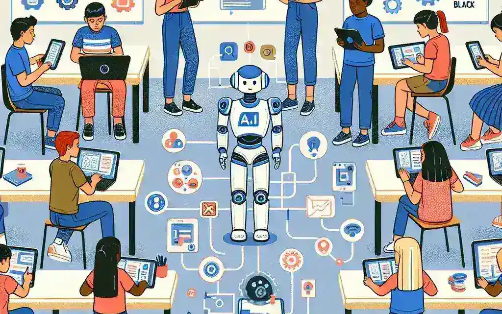 "Ilustrasi platform pembelajaran adaptif berbasis AI yang mendukung pendidikan dasar, menunjukkan interaksi siswa dengan fitur pembelajaran yang disesuaikan."