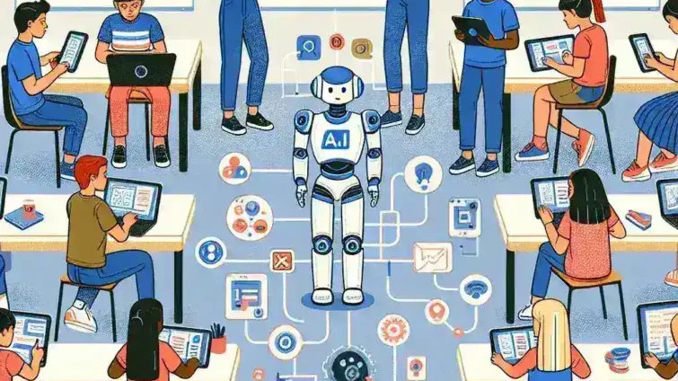 "Ilustrasi platform pembelajaran adaptif berbasis AI yang mendukung pendidikan dasar, menunjukkan interaksi siswa dengan fitur pembelajaran yang disesuaikan."